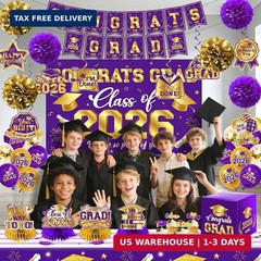 2026 Graduation Decorations Kit – Purple and Gold Class of 2026 Party Decor w…