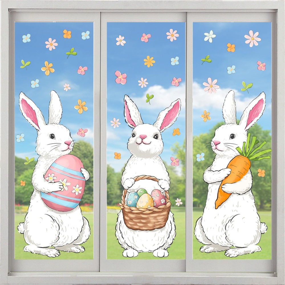 Farmhouse Easter Decorations Window Clings: Extra Large Bunny White