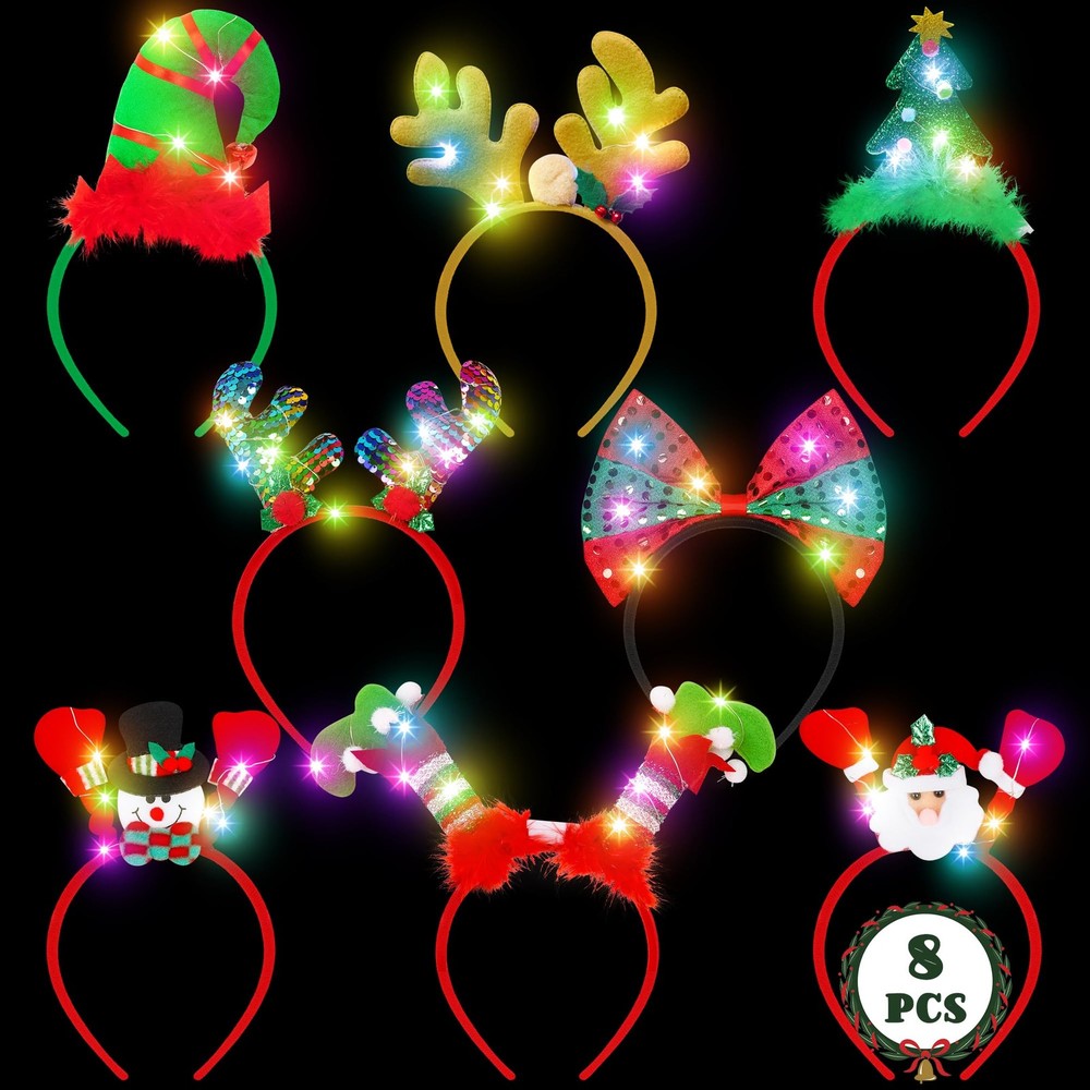 8 PCS Light Up Christmas Headband, LED Lights Christmas Head Topper, Santa Ha…