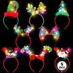 8 PCS Light Up Christmas Headband, LED Lights Christmas Head Topper, Santa Ha…