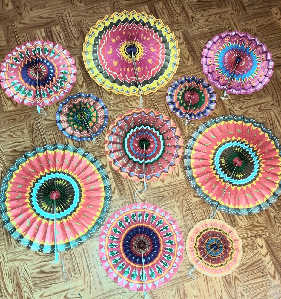10 Pc Mexican Latin Paper Fan Hanging Fiesta Party Decorations 2 Sided