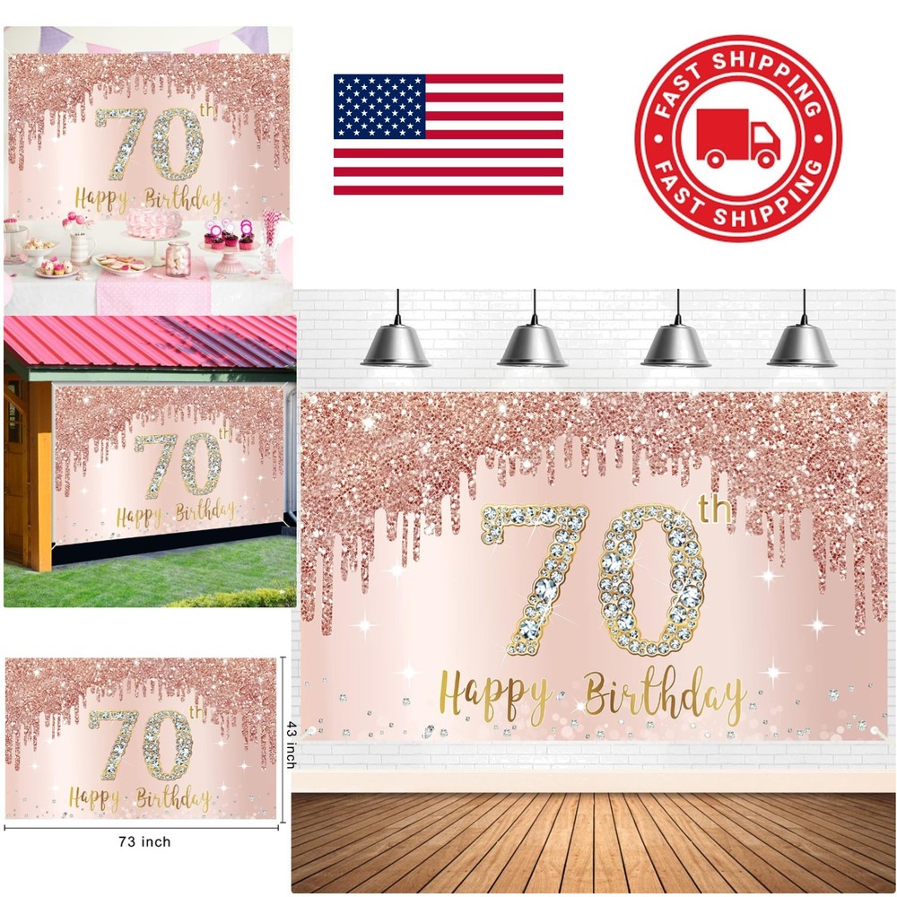Large Rose Gold 70th Birthday Backdrop 73×43 Inch Polyester Party Decoration