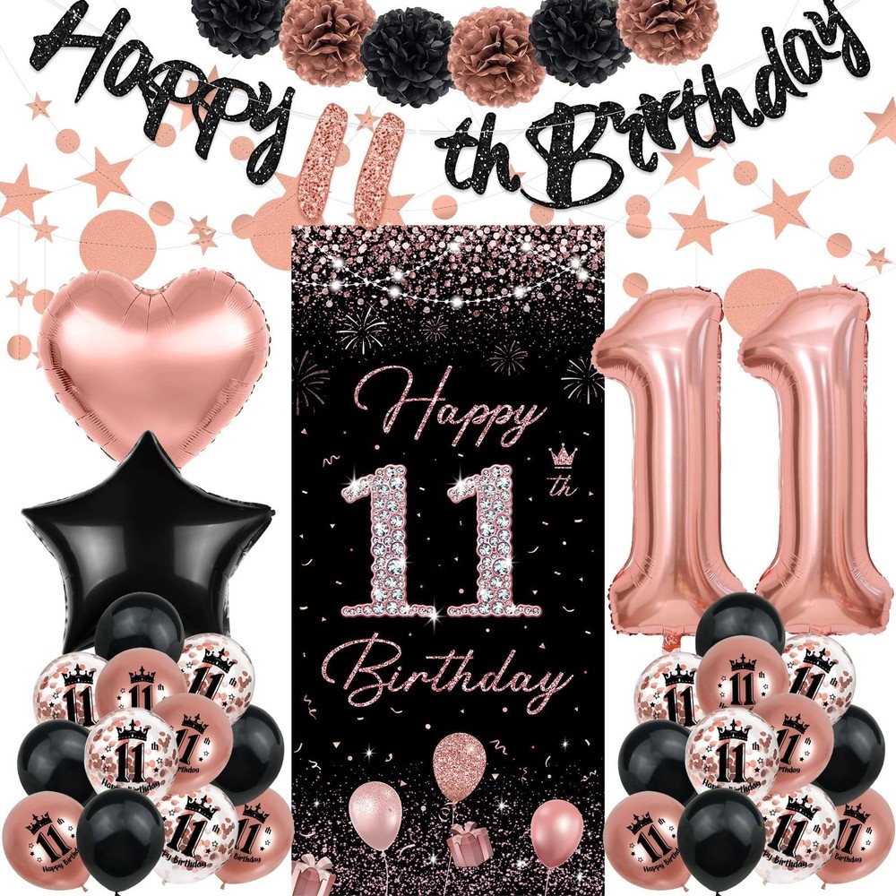 Rose Gold Happy 11th Birthday Decorations – Banner, Backdrop, Balloons, Pompo…