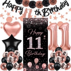 Rose Gold Happy 11th Birthday Decorations – Banner, Backdrop, Balloons, Pompo…