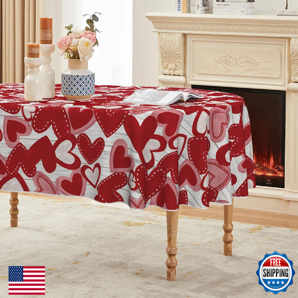 Horaldaily Valentine Tablecloth 60×84 Inch Oval Red Love Hearts White Wood Washa