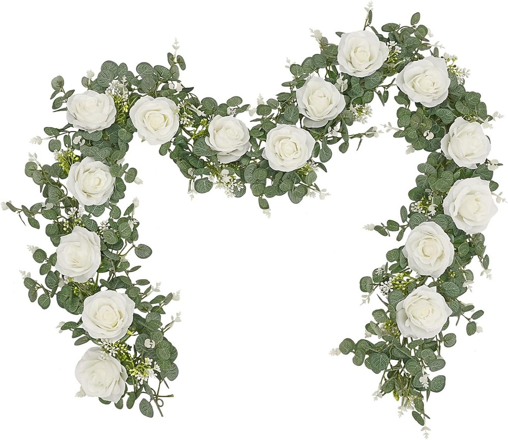 2Pcs 13Ft Artificial Eucalyptus Garlands with Flowers – 8 Roses, Faux Floral