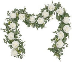 2Pcs 13Ft Artificial Eucalyptus Garlands with Flowers – 8 Roses, Faux Floral