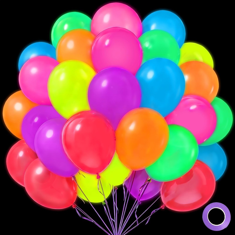Mega-L Glow in the Dark Party Supplies, 100 Pcs UV Neon Balloons, 12″ round Mult