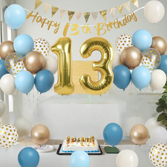 13Th Birthday Decorations for Girls Boys, Dusty Blue Cream White Gold 13 Balloon