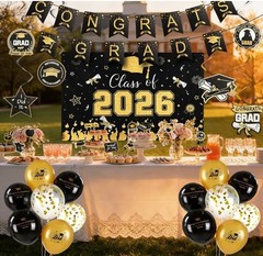 Black and Gold Graduation Decorations 2026 Kit 34 Pcs Party Supplies Class of 20