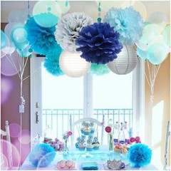 13 Tissue Paper Flowers Pom Poms Decorations Blue Bright Colorful Large Assorted