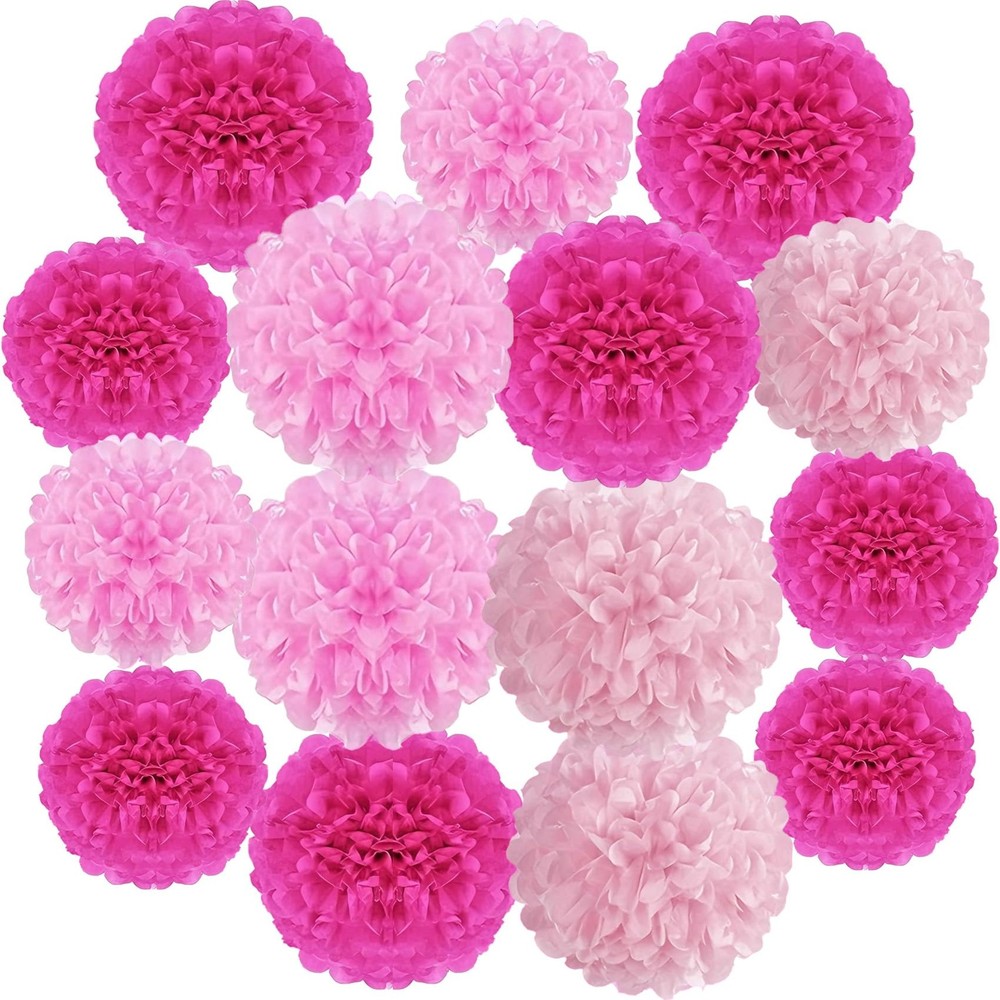15 PCS Colorful Tissue Paper Pom Poms Pink Rose Red Flower Ball Party Decor