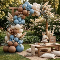 122Pcs Dusty Blue and Brown Balloon Arch Kit, Boho Bear Baby Shower Decorations