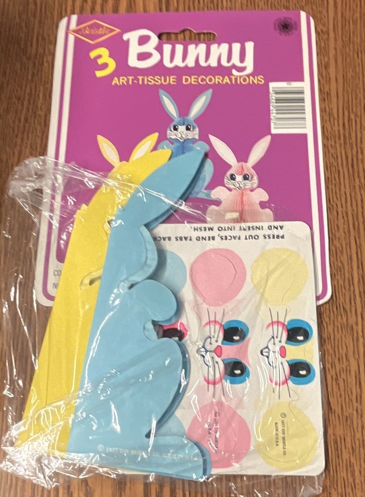 Beistle 3 Bunny Tissue Decorations 6 in Easter Yellow/Blue/Pink MPN 44707