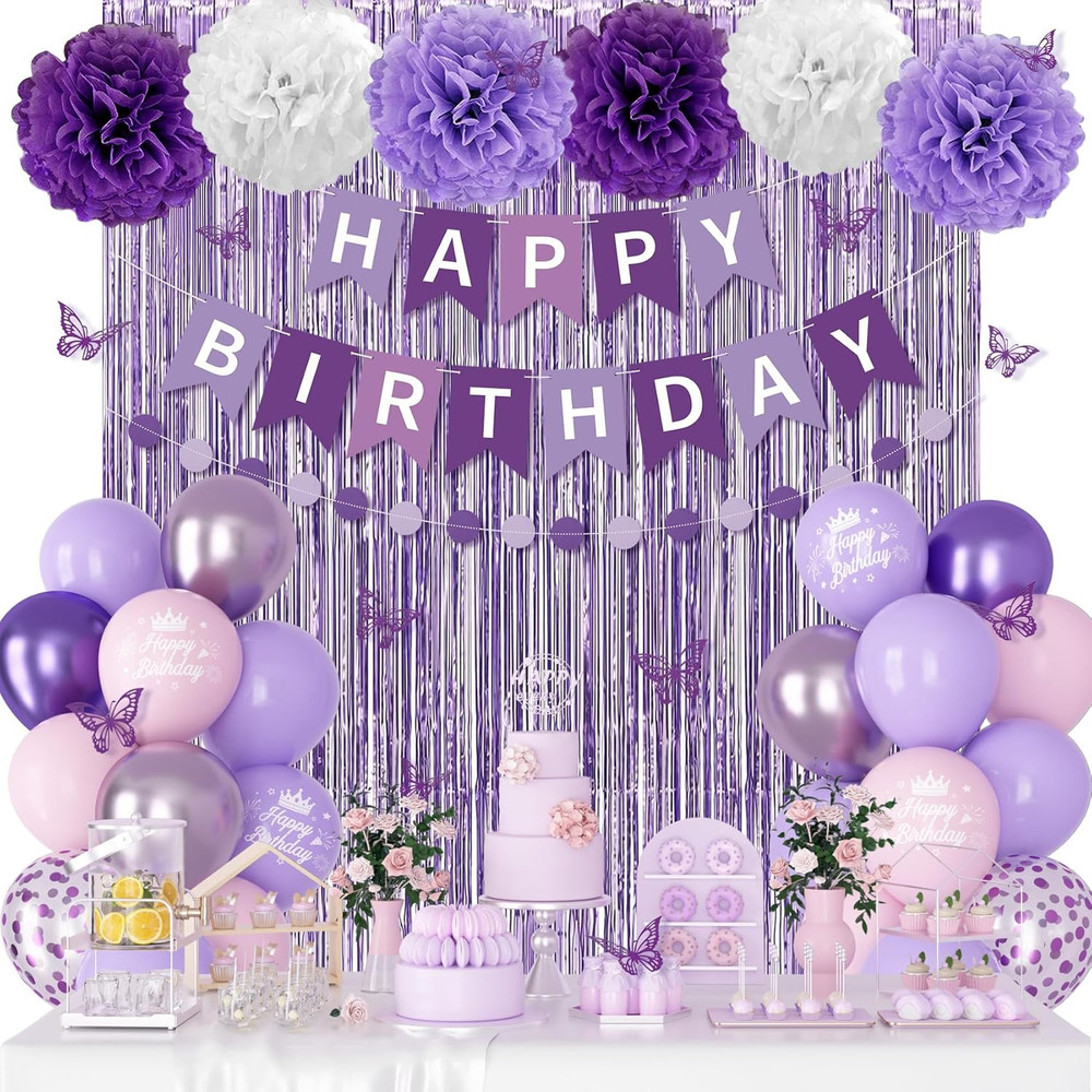 Purple Birthday Decorations for Women Girls, Lavender Pink Confetti Metallic Pri