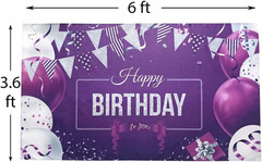 Happy Birthday Backdrop Banner Large Purple Silver and White Balloons Sign Poste