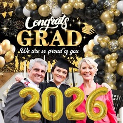 2026 Graduation Party Decorations – Black Gold Balloon Arch Kit & Congrats Grad