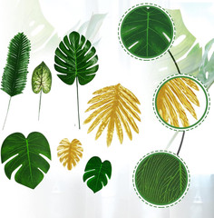 Tropical Party Decorations, 50 Pieces 7 Kinds Artificial Palm Leaves Green and G