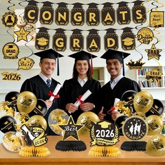 2026 Graduation Decorations Black Gold Banner Backdrop Balloons Party Set Kit