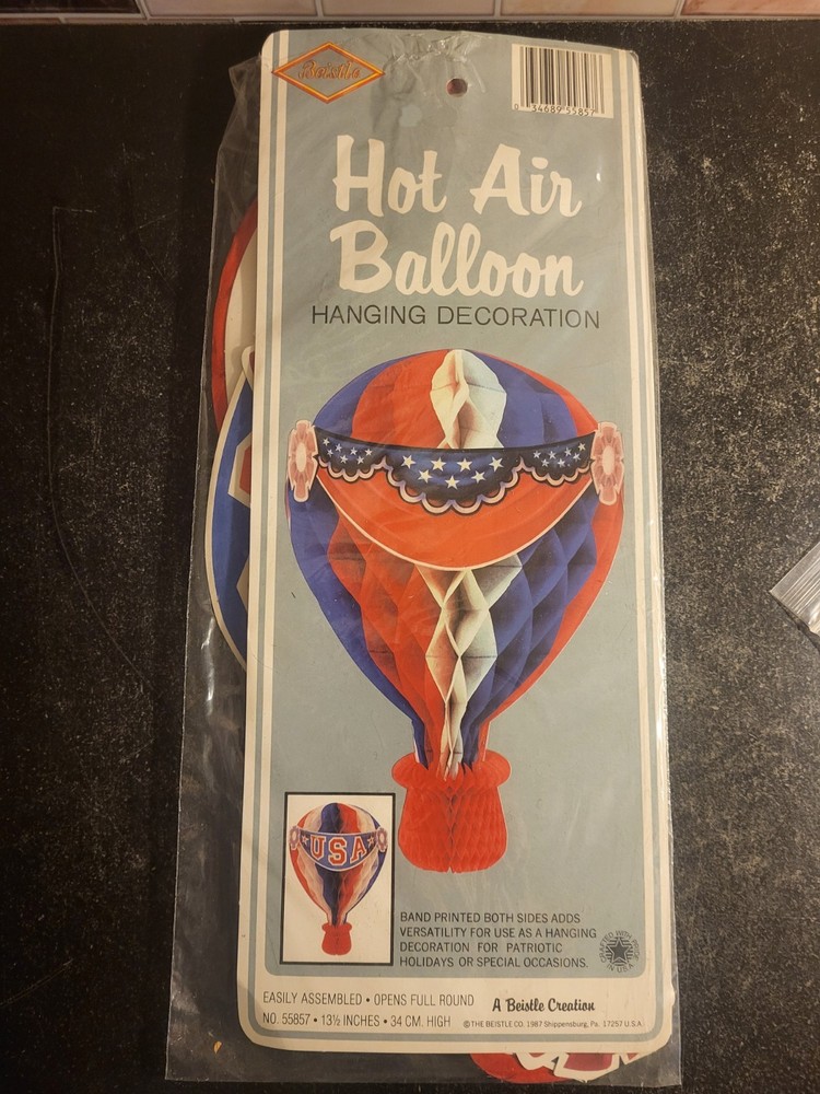 1987 Beistle 13.5″ Hanging Hot Air Balloon Tissue Decoration New/Sealed USA RWB