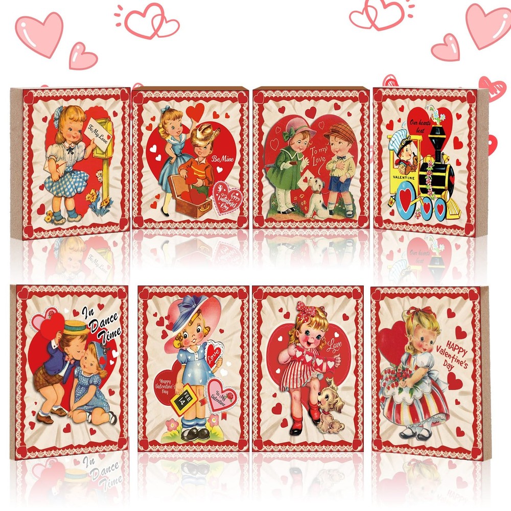 8 Pcs Vintage Valentine’s Day Decorations Retro Valentine Wooden Sign Table C…