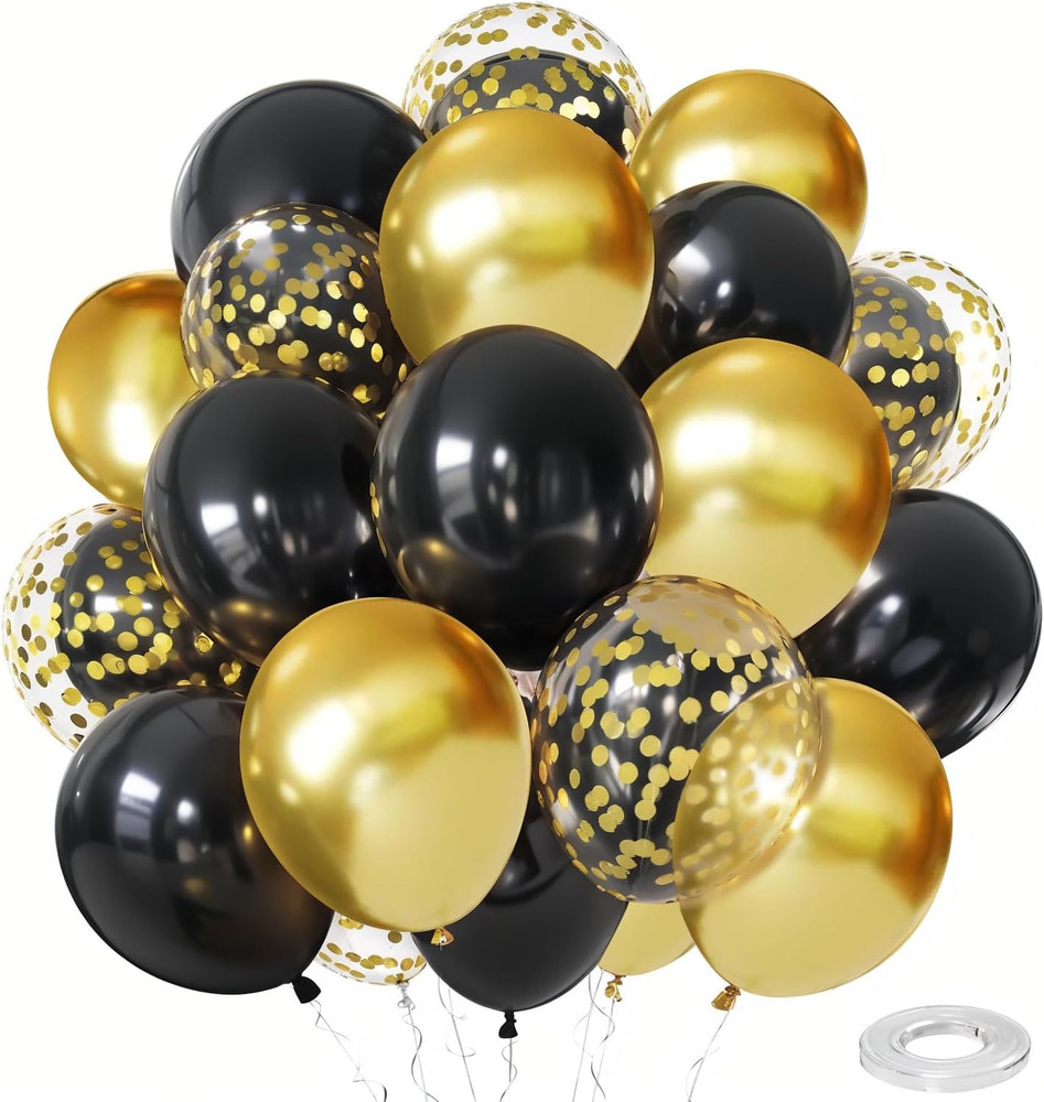 Black and Gold Confetti Balloons, 50 Pack Gold Metallic and Black Latex Balloons