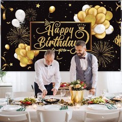 Vibrant Birthday Backdrop Banner 72.8×43.3in – Glittering Black and Gold Design
