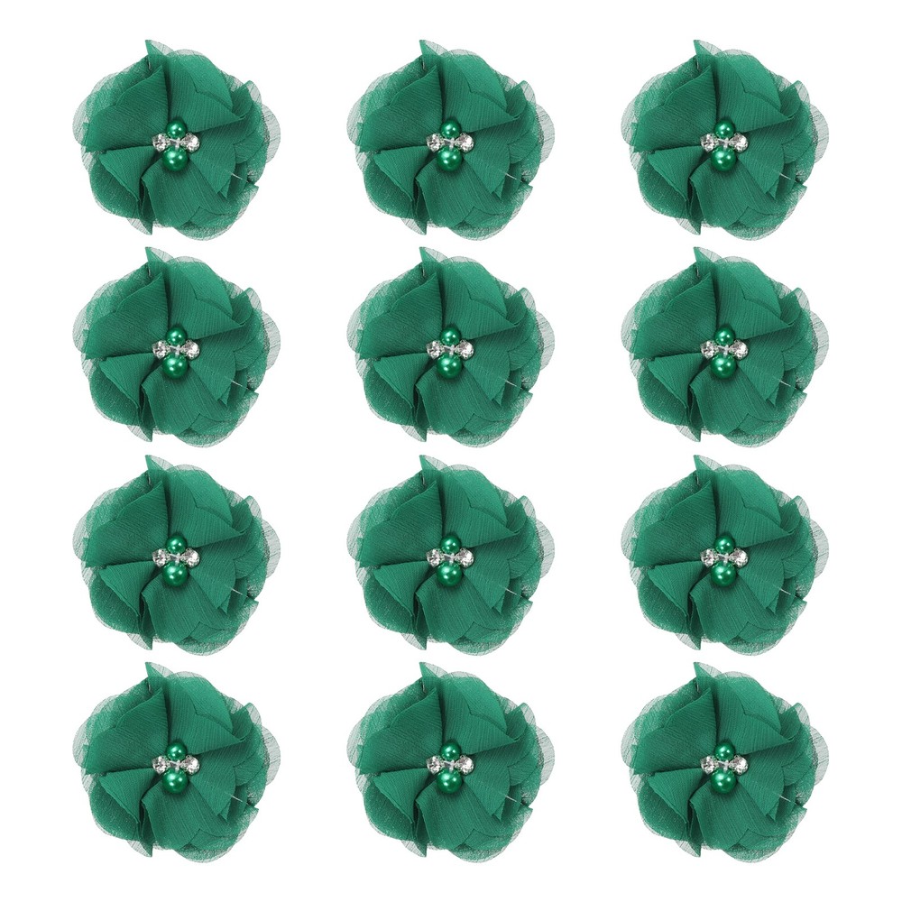 12Pcs 2″ Chiffon Flowers with Rhinestone Pearl Sewing Fabric Flowers, Dark Green