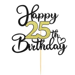 1 PC 25th Birthday Cake Topper Black Gold Glitter Heart Pattern Decoration