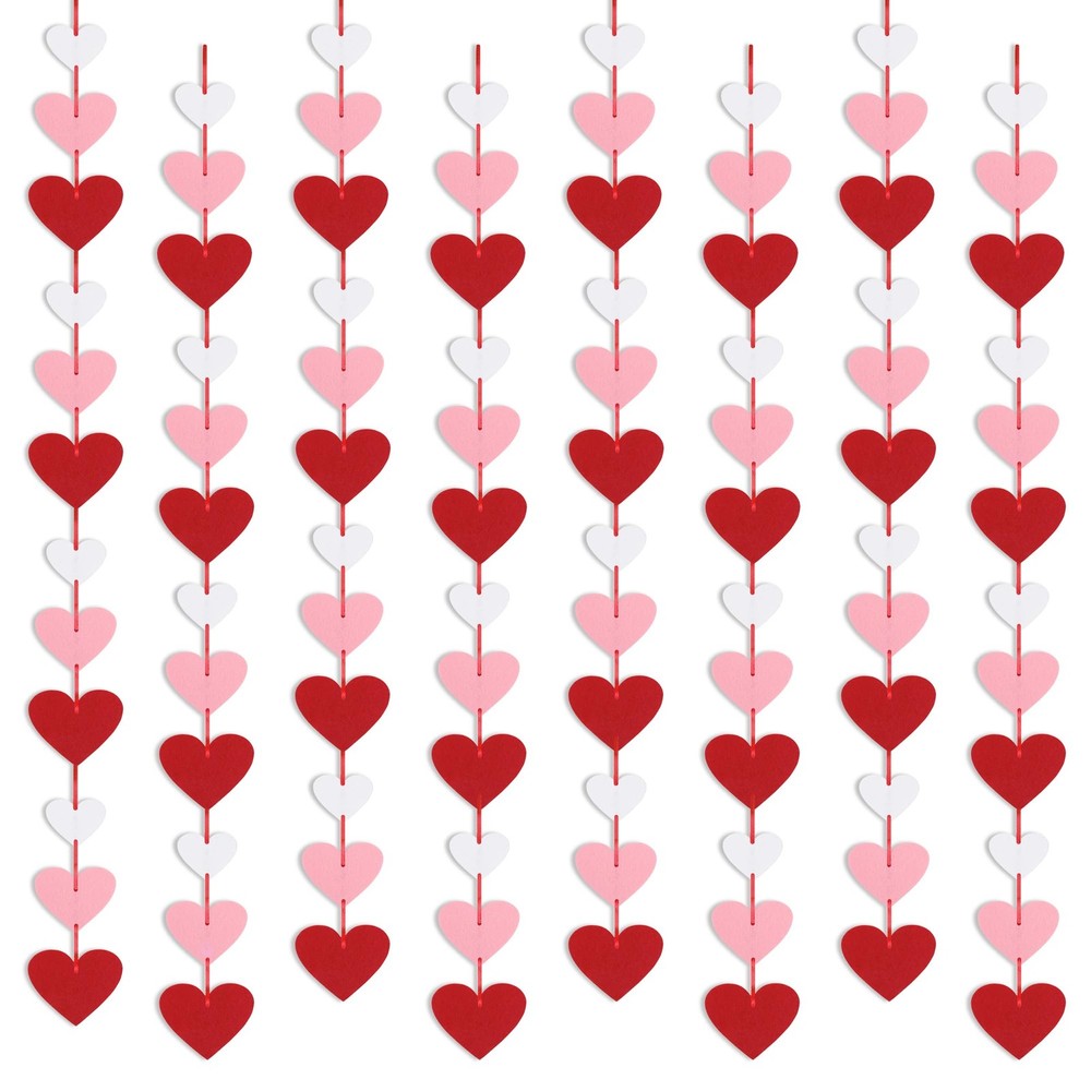 8 Pack Felt Heart Garland, Valentines Day Decorations-No DIY Red Pink White Hear