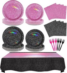 Elegant 98-Piece Hot Pink & Black Tableware Set for Birthday & Bridal Showers