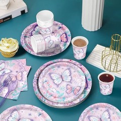 168 Pcs Butterfly birthday Decorations Purple Birthday Tableware Serves 24 guest