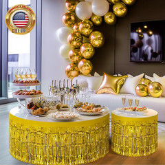 2 Pack Gold Table Skirts, 29X108″ Metallic Foil Tinsel Fringe Table Skirts for R
