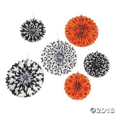 6 HALLOWEEN HANGING PAPER FANS ORANGE BLACK & WHITE BATS GHOST PARTY DECORATIONS