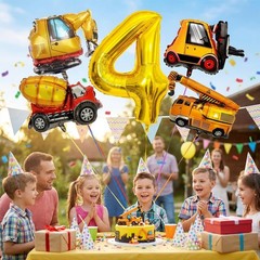 Construction Party Balloons Set, Large 40 Inch Gold Number 4 Balloon and 4 Mi…
