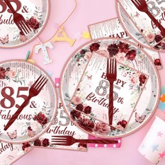 85th Birthday Decorations for Women, 96PCS Burgundy Birthday Party Disposable…