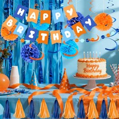 Orange Blue Birthday Decorations Set for Boys Men Women, Happy Birthday Banne…