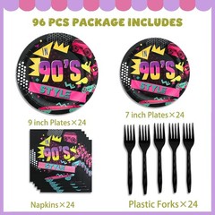 90s Retro Disposable Birthday Party Plates, Napkins, Forks, and Tablecover