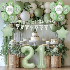 Eucalyptus 21st Party Decorations Happy Banner, Cake Topper, Olive Green Foil…