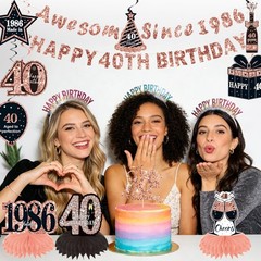 40th Birthday Party Decorations – 12 Pcs Black Rose Gold Set, Cake Topper, Banne