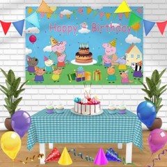 Peppa Pig Theme Happy Birthday Backdrop Kids Birthday Party Decoration 5×3.5ft