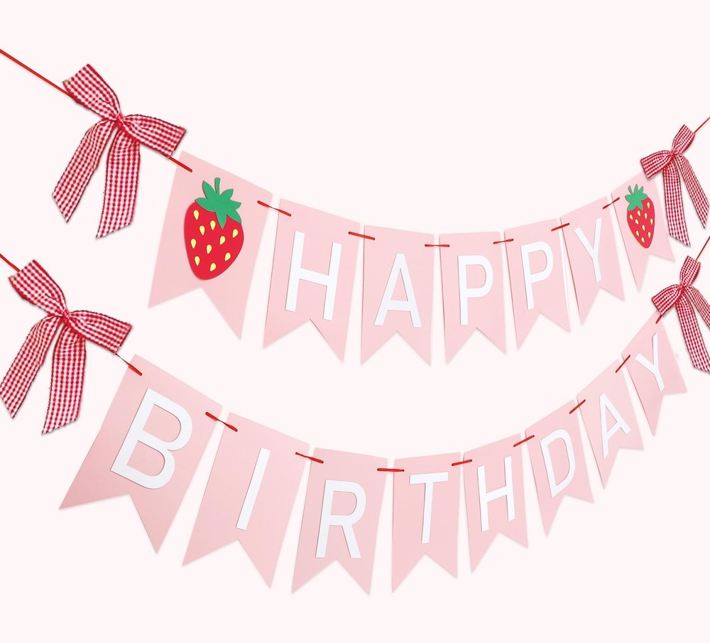 2Pcs Happy Banner, Strawberry Bow, Pink White
