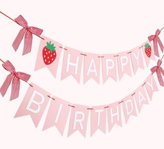 2Pcs Happy Banner, Strawberry Bow, Pink White
