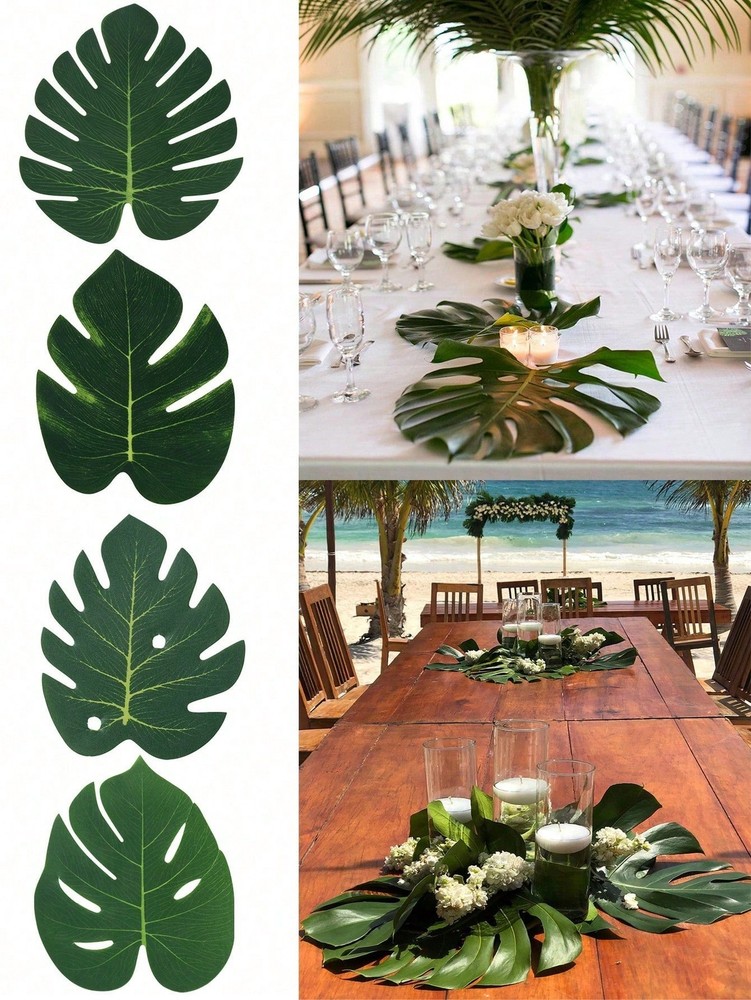 12pcs (24.5*20cm) Tropical Monstera Leaves For Hawaiian Beach Party Table Decor