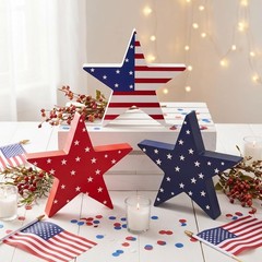Durable 3-Pc Wooden Star Decorations in Red, White & Blue for Tiered Trays