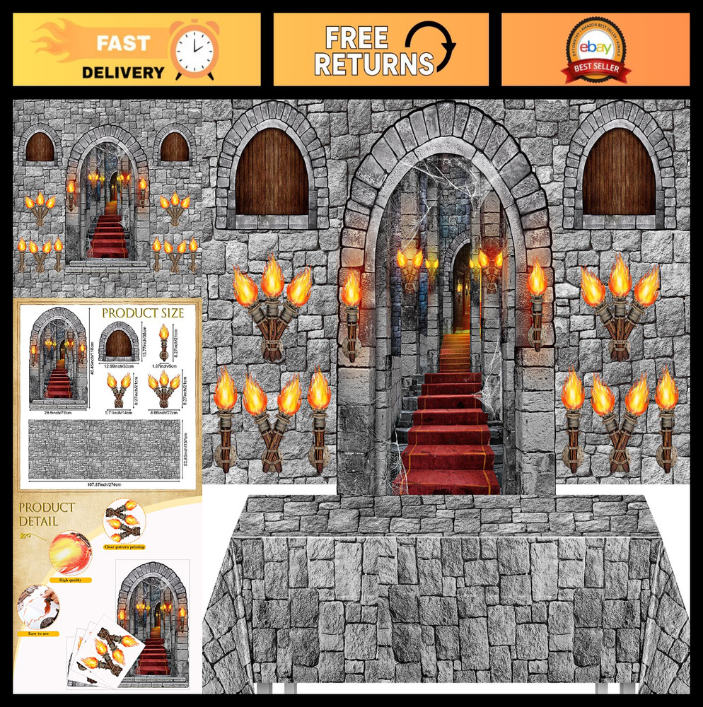 Medieval Knight Party Decorations Set – 13 Pcs with Tablecloths, Castle Door & S