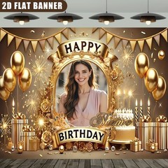 2D Golden Theme Personalized Birthday Custom Poster Name Photo Backdrop Banner❀