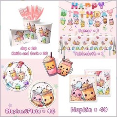 Boba Tea Party Birthday Decoration Tableware Set of Cups Napkins Plates Utensils