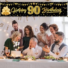 90Th Birthday Banner, Black Gold Yard Sign for Party Decorations, 90 Year Old Th