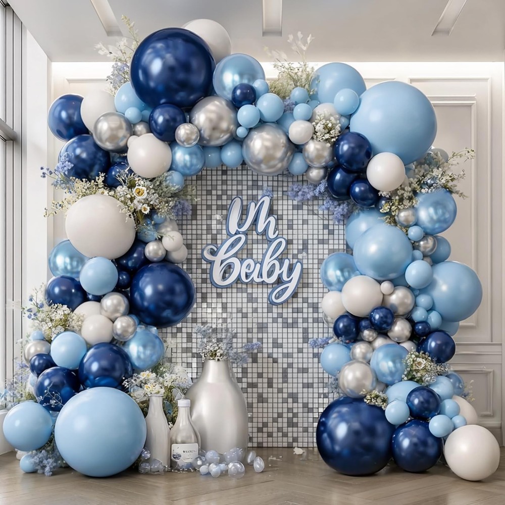 Blue White Silver Balloons Arch Kit, Navy Dark Pearl Blue Metallic Light Blue…